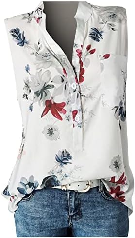 Блузи за Жени 2023 Размер Плюс, Елегантни Ризи с V-образно деколте и Копчета, Ежедневни Свободна Лятна Блуза Без Ръкави с Цветен Модел/С