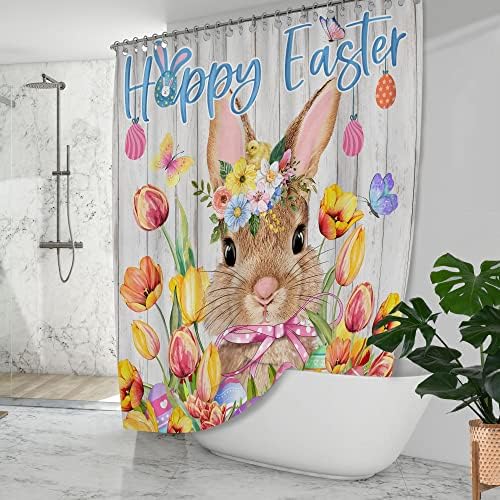 Великден Завеса за душ, Великден Завеса за баня, честит Великден с Кроличьими яйца и цветове на Лалета Пролетен Празник