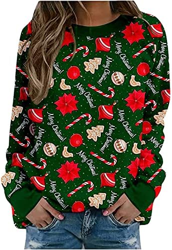 FlekmanArt/ Коледни Пуловери за жените с кръгло деколте и Дълъг Ръкав, Вратовръзка-Боя на Тема Елен, Топли Празници Ризи Голям Размер, Блузи,