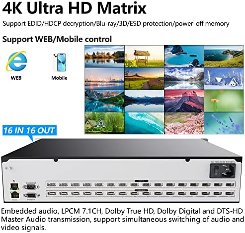ICUIXIAN 16-in 16-out HDMI матричен превключвател 4K при честота 30 Hz, 16x16 HDMI матричен превключвател поддържа стандарта HDMI 1.4 a /управление на EDID/декодиране на HDCP/ уеб-мениджмънт / R