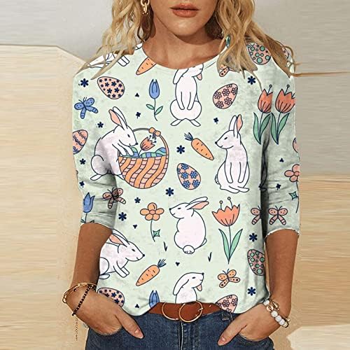 Дамски тениски на Великден с 3/4 ръкав, Ризи с принтом Заек и Цветове, Топ, Безплатно Случайни Пуловер с кръгло деколте, Блузи