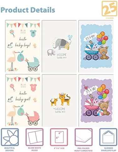 По-добро Office Products 25 Опаковки Поздравителни картички за новородени бебета с конвертами, Картички за бебе душ, Съраунд
