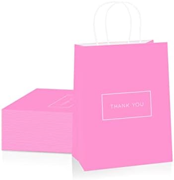 Малки хартиени подаръчни пакети Благодаря с дръжки – 8x4x10 инча, висококачествени чанти за пазаруване в 50 опаковки с логото на Благодаря