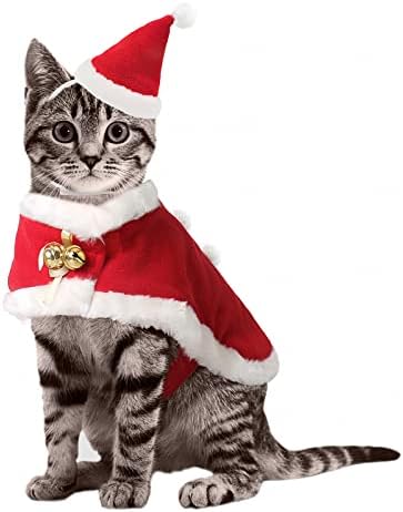 Радваме Коледен Костюм на Котка, Коледна Червена Шапка Куче с Плащом, 2 Звънци и Бял Помпоном за Коте, Костюм на Дядо Коледа за Котки, дрехи