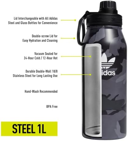 метална бутилка за вода adidas Originals обем 1 Литър (32 унции) с двойна изолация за гореща/студена вода от неръждаема Стомана 18/8
