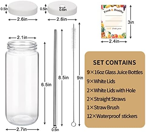 Moretoes 9 X 16 унции Стъклени Бутилки за сок с Капак за Многократна употреба Стъклени Буркани за Напитки с защитени от