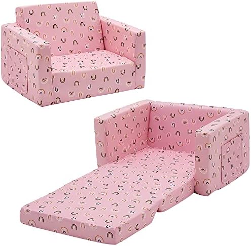Ulax Furniture, детски разтегателен диван и фотьойл, разтегателен диван 2 в 1, foldout разтегателен диван (розова дъга)