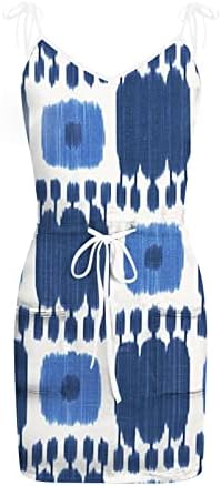 iQKA жени, Риза-рокля в техниката узелкового батика с принтом кратко мини плажни рокли без ръкави, с V-образно деколте еластичен колан сарафан с джоб рокли