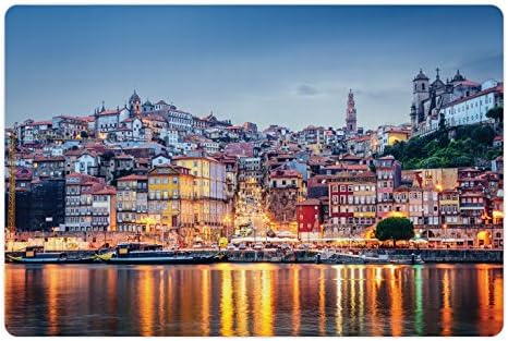 Foldout Европейския Подложка за домашни за храна и вода, Градски пейзаж край реката в Порто, Светъл Принт с изображение на архитектурата на Стария Малък град, Правоъгъ?