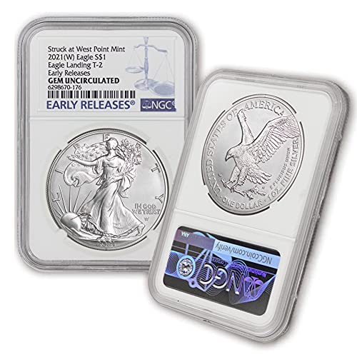 2021 (W) Американски сребърна монета с скъпоценния камък на Орел с тегло 1 унция без лечение (Eagle Landing T-2 - Ранните издания - Издаден