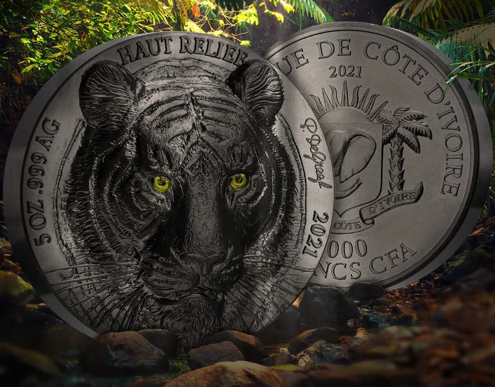 2021 DE Edition Noire PowerCoin Тигър големите Пет Азия 5 Грама Сребърна монета 5000 Франка на Кот д ' Ивоар 2021 Без лечение