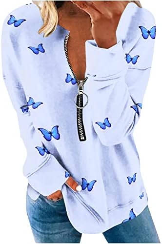 НОКМОПО с Дълъг Ръкав Блузи за жени, Дамски Модни Пролетно Свободна Ежедневни тениски с V-образно деколте и принтом с цип Отгоре с дълъг ръкав