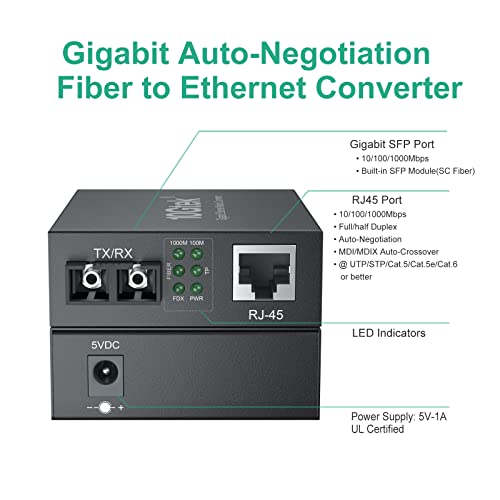 Gigabit един режим медиаконвертер SC-влакно, Ethernet, Вграден оптичен модул LX SFP, 1310 nm, SMF, duplex, разстояние до 20 км от 1000Base-LX (двойно SC-влакна) до 10/100/1000base-TX (UTP/STP/Cat5e/Cat6 RJ-45)