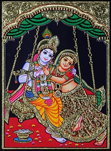 Екзотична Индийска картина на Радха Кришна на люлка Танджоре | Традиционните Цветове С 24-Каратово злато | Рамка от Тиково дърво | Gold &