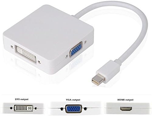 [Кабел Mini DP 3 в 1] Порт мини-дисплей с плосък екран Thunderbolt към адаптер DVI VGA, HDMI за Mac MacBook, MacBook Pro, MacBook Air, Surface Pro, HDTV – Бял
