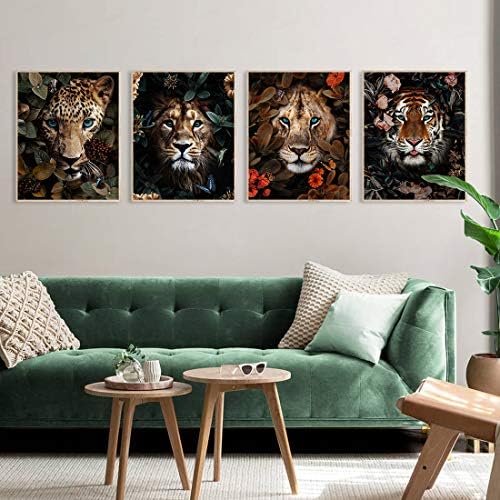 AllBlue Джунглата Сафари Животни Стени Книга за Изкуството на Щампи Плакат на Лъв, Тигър, Леопард Животни Стенен Декор Комплект