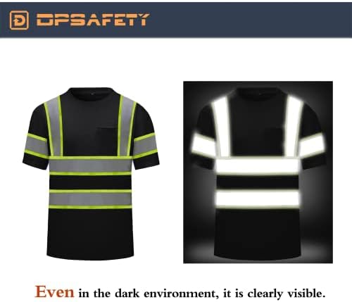 DPSAFETY Ризи повишена видимост Клас 3, бързо съхнещи Защитни Тениски със Светлоотразителни ивици и джоб, Окото Риза Hi Vis, за строителни работи, Мъжки/Дамски, Черна, 2XL