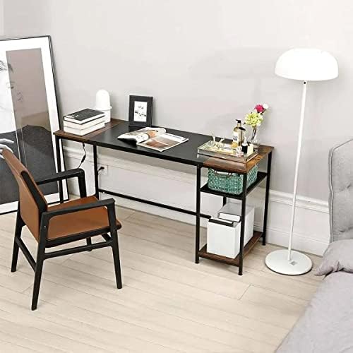 Модерен компютърен маса с диагонал 51 инча, бюро за домашния офис с рафтове за багаж, бюро, за да учат или студент, черно и кафяво