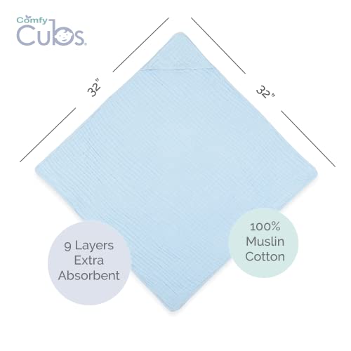 Детско 9-слойное муслиновое памучни кърпи Comfy Cubs от 2 опаковки с качулка, голям 32 х 32, ултра меко, топло и впитывающее. Хавлиени