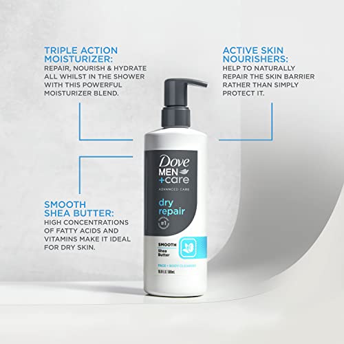 DOVE MEN + CARE Advanced Care Почистващо средство за лице и тяло Dry Ремонт на 3 Порции за суха кожа с Гладък, масло от шеа 16,9 грама