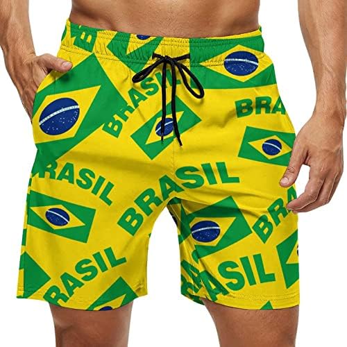 Флаг на Бразилия Мъжки Бански, Плажни къси Панталони с Джобове Принт Бански костюми, Ежедневни Панталони