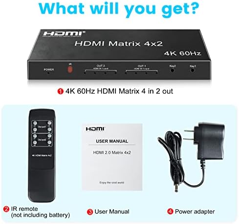 Матрицата FERRISA 4x2 HDMI, 4K @ 60Hz 4 2 Изход HDMI комутатор-сплитер с ИНФРАЧЕРВЕНО дистанционно управление, HDMI-матричен превключвател