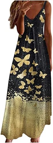Жена Макси Рокля с Принтом Пеперуди, Летни Рокли за спагети презрамки С V-образно деколте, Ежедневни Свободни Дълги Рокли Без Ръкави,