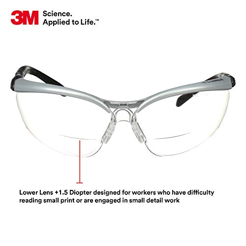 Защитни очила 3M с ридерами, BX, + 1.5, ANSI Z87, Прозрачни лещи с защита срещу замъгляване и надраскване, Сребърни рамки, Регулируеми по дължина лък тел и ъгъл на наклона на ?
