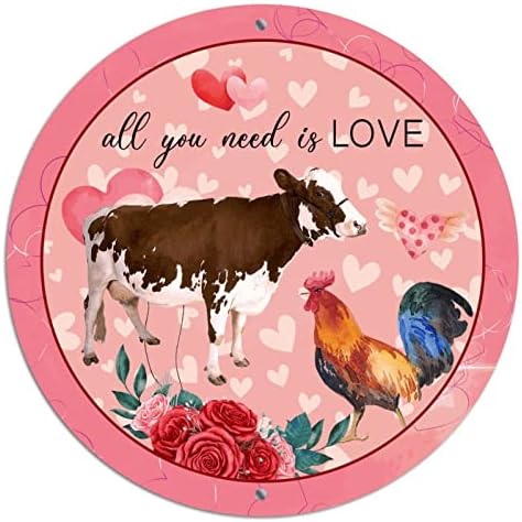 Кръгъл Метален Венец за Св. Валентин Знаци за Всичко, което ви трябва, е Любовта на Една Животно, една Крава Червено Сърце Лидице Знак