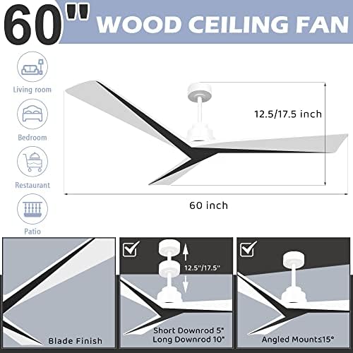 Wofifly 60-Инчов вентилатор на Тавана, Без светлина, Външни Вентилатори, Без светлина, Съвременните Дървени Черно-Бели Вентилатори с дистанционно