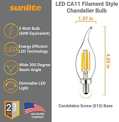 Лампа за полилеи Sunlite 80662-СУ с led конци CA11 Flame Съвет, 5 W (еквивалент на 60 W), 600 Лумена, Основата под канделябр (E12), в стила