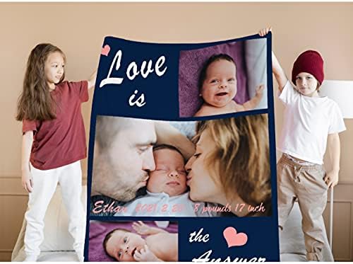 Потребителско Одеяло с 3 снимки и Информация за раждане Персонализирани Детски Одеяла с участието на Текст Подарък за Новородени Момчета Момичета за Рожден Ден, Ко