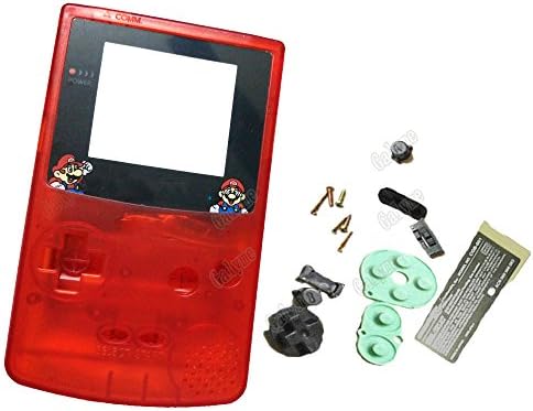 Хо Прозрачен Червен Пълен Калъф за Nintendo Gameboy Color GBC с Анимационни Обектива на Марио, Ремонт на Повреди на Корпуса на Конзолата, Гумени Облицовки, Винтове