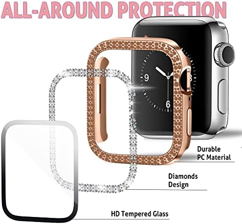 Калъф за часа MIXPOET, съвместим с Apple Watch Серия 7, калъф за часа с блестящи диаманти и защитно фолио от закалено стъкло (с 45 мм, розово злато)