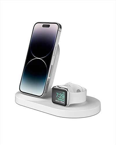 Безжична Belkin зарядно устройство 3 в 1 - Бърза безжична зареждане за Apple Iphone 14, Iphone 13 и Iphone 12 серии и Apple Watch (всички серии) - С допълнителен порт USB A за няколко устройства (