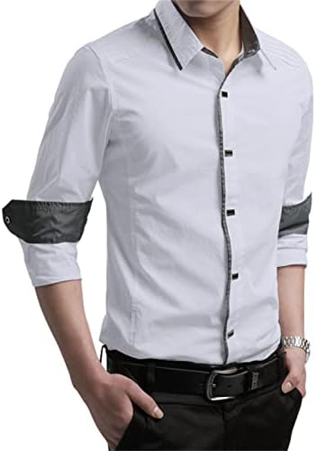 Мъжка Делова Риза с копчета Обичайните Размери с Контрастни яка и Дълъг ръкав Slim Fit, Ризи, Без Бръчки