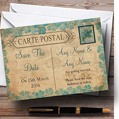 Потертая Луксозен Реколта пощенска Картичка в селски стил с Тюркоаз, Печат, Персонални Сватбена картичка.