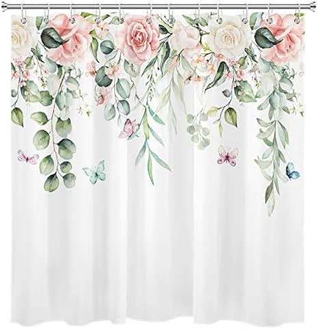 LB Бежовата и Розовата Завеса за душ в едно цвете, за банята, за Боядисана Пеперуда и Зелено Растение от евкалиптовите листа на Бяла Кърпа,