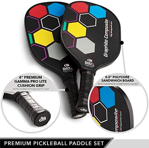 Комплект за пиклбола премиум клас–Комплект от 2 плешки с вкара чанта за носене, 4 на топка за спорт Day 1 - Здрава лопатка за пиклбола