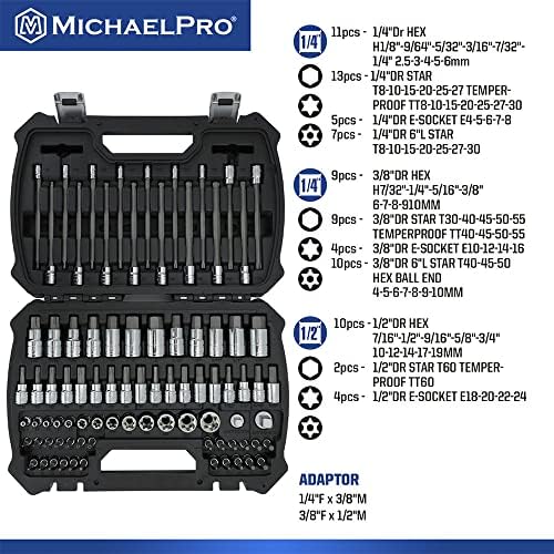 MichaelPro MP012018 Набор от 86 предмети Master SAE/Metric Hex, Torx, външни гнезда и дюзи за бита, серия Mechanic's Essential,