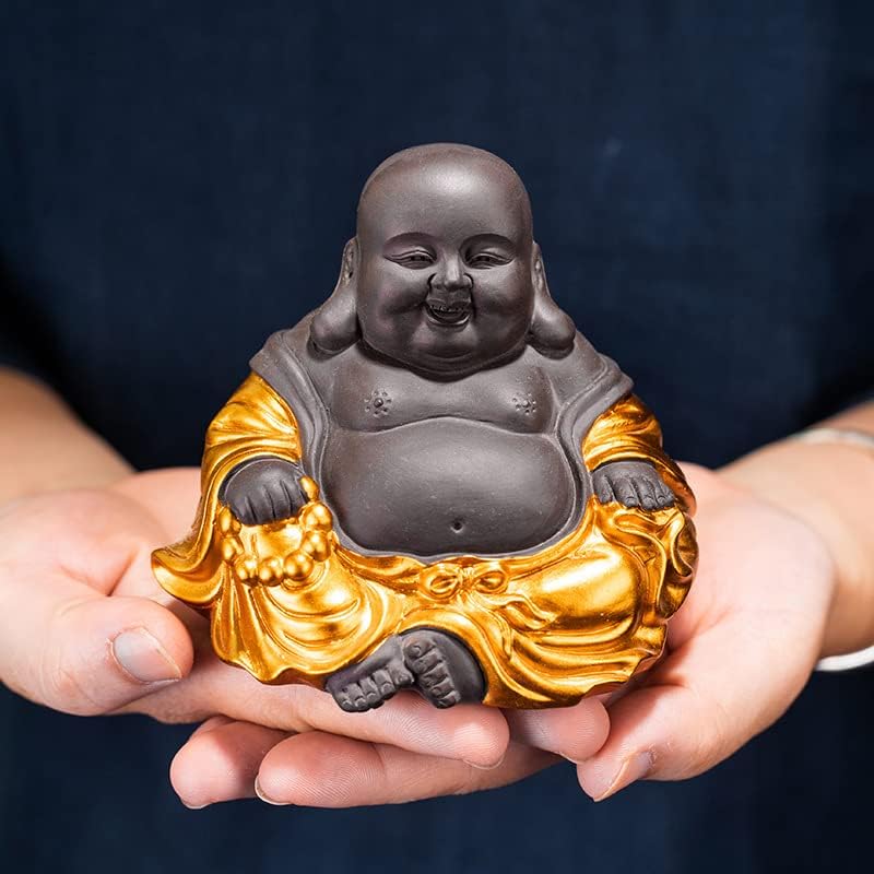 Hormsdar Лилава Глина Чаена Статуетката си смях Буда за Домашния Офис, Интериор на Автомобил, Керамични Малко Сладък Златен Буда, Статуетка