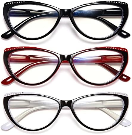 YTDBNS Очила за четене със заключване синя светлина - 3 опаковки на Леки и дизайнерски очила за четене Котешко око за жени с гъвкави
