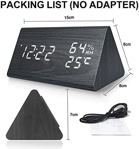 Дървена Дигитален часовник Електронен led дисплей за Време, определянето на влажност и температура, за да Спални, Прикроватной нощни Шкафчета (Черен Триъгълник)