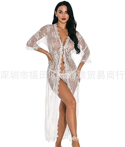 Дантелен халат xinghaikuajing, сексуална прозрачно дълго домашна рокля XL бял цвят