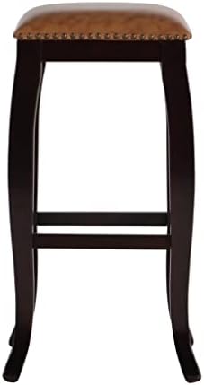 Дървен бар стол без опора за гърба, височина на седалката 30 см, тапицерия от плат цвят карамел, столове за столове