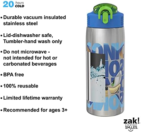 Бутилка за вода Zak Designs Sonic на Таралеж за пътуване и за дома, от неръждаема стомана с вакуумна изолация на 19 грама, с запирающейся капак за чучур, вградена верига за но