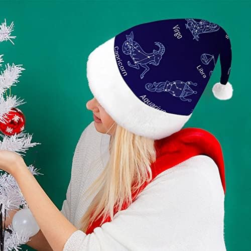 Дванадесет Съзвездия Забавна Коледна Шапка на Дядо Коледа Шапки и Къси Плюшени с Бели Ръкавели за Коледното Празнично Парти Украса за