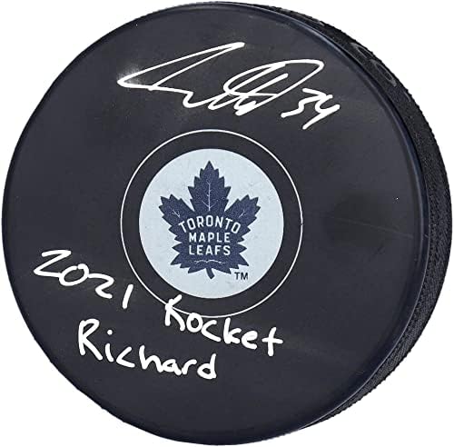 Хокейна шайба, с автограф Остона Мэтьюза Торонто Мейпъл Лийфс и надпис Рокет Ричард 2021 - за Миене на НХЛ с автограф