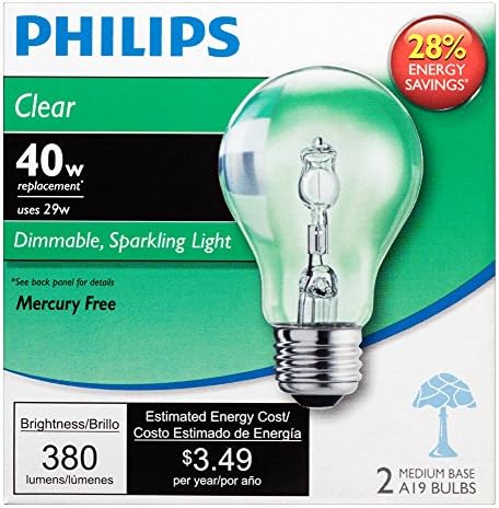 Philips 410506 Прозрачна крушка A19 капацитет 29 W, с регулируема яркост на светлината, 2 бр. в опаковка