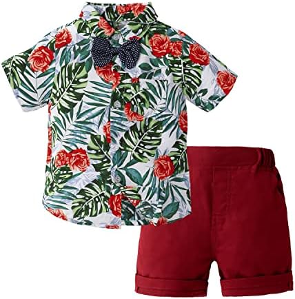 Комплект Хавайски дрехи за Малки Момчета Yruiz, Детска Лятна Риза с Цветен Модел и папийонка + Къси панталони